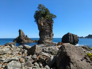 Sanno-iwa, the iconic three-king rock formation on the Michinoku Coastal Trail, Sanriku Coast